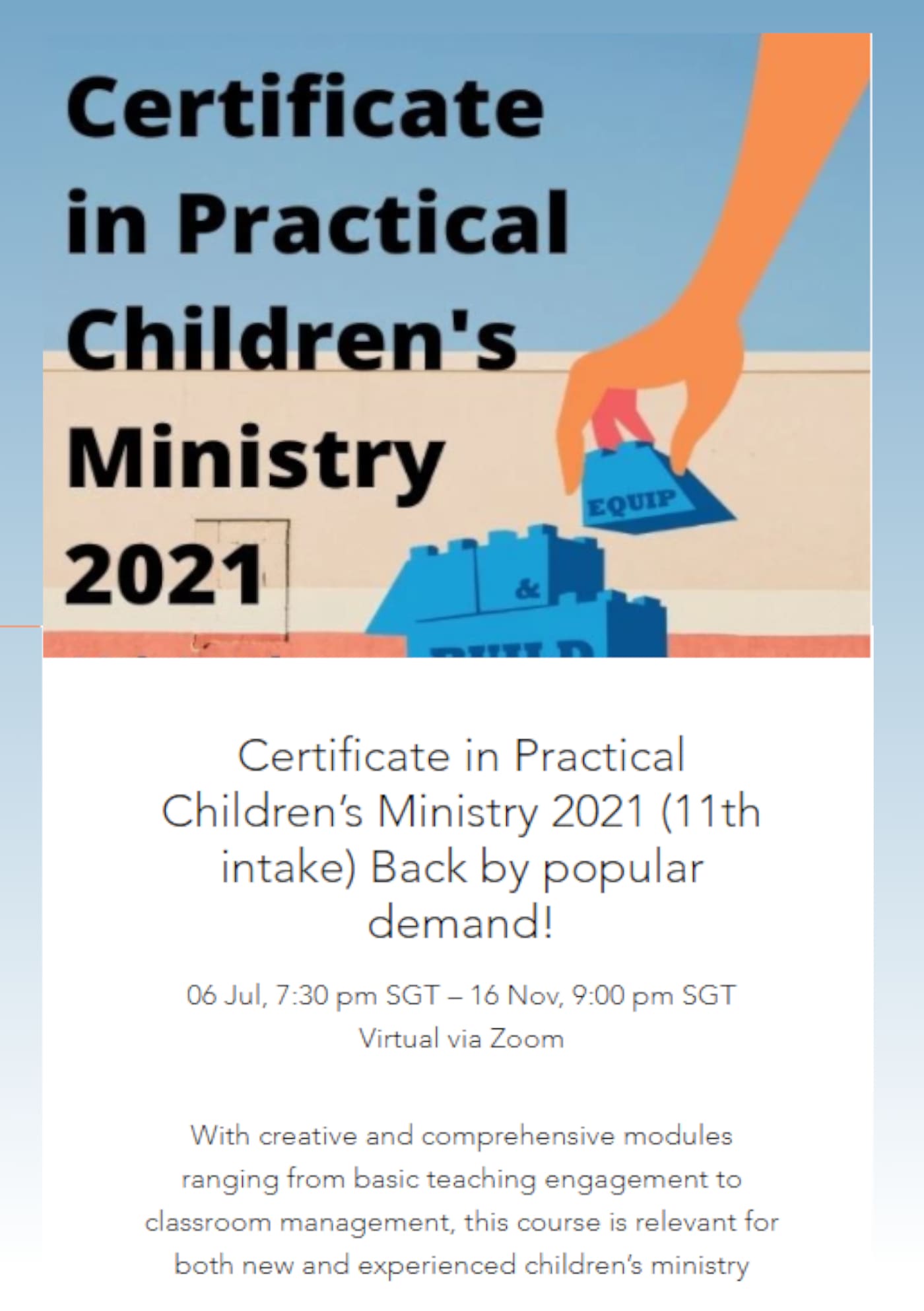 Certificate in Practical Children’s Ministry 2021: July 6 – November 16